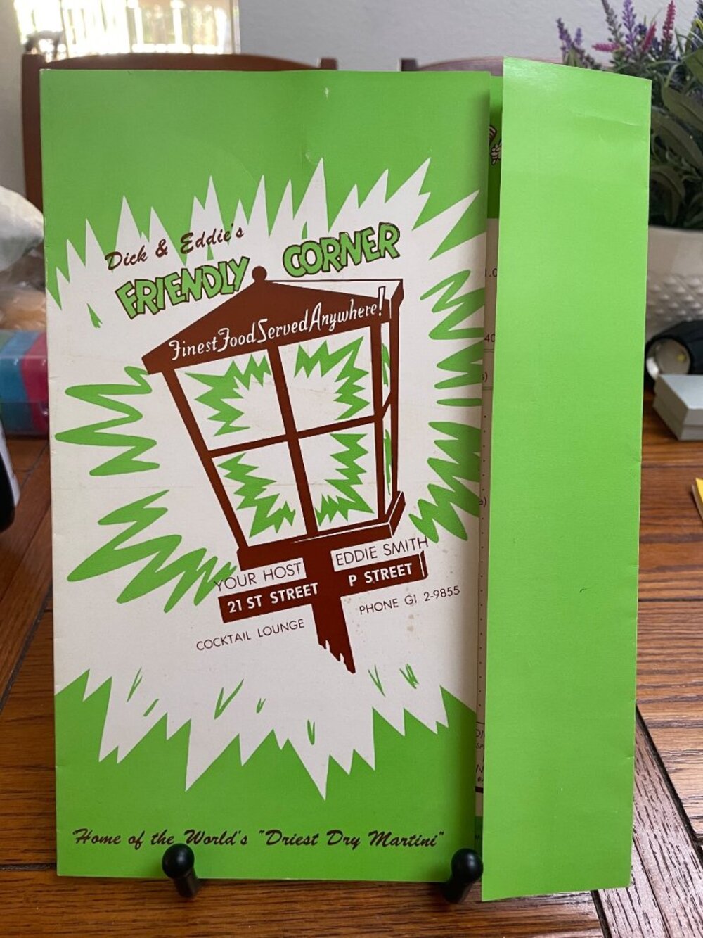 Dick & Eddies Friendly Corner Vintage Menu 1950s Green Design Featuring Prime Ri